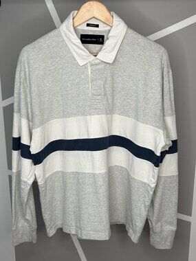Abercrombie & Fitch Oversized Rugby Polo Shirt Men’s M Grey Navy Stripe Pullover